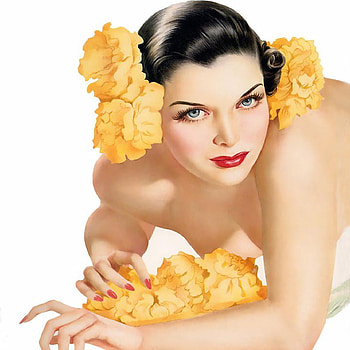 Drop Dead Gorgeous Rhonda, painting, hairpiece, red, gorgeous, lips, yellow flowers, black hair HD wallpaper