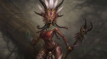 Witch Doctor, mask, voodoo, skull, shaman, pink, diablo, fantasy, game, hornes HD wallpaper