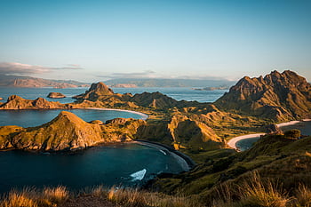 Explore the stunning aerial view of Padar Island's coastline in East Nusa Tenggara, Indonesia. HD wallpaper