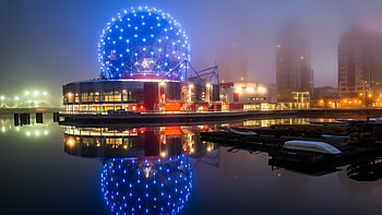 Vancouver, Town, Night, Harbor, Ocean, Mist, Sky, Fog, Canada, Sea, Water, Docks, Bay, City, Glow, Lights, Pier HD wallpaper
