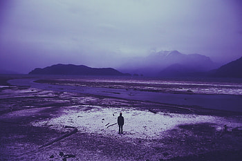 Landscape, outdoor, violet theme, man HD wallpaper
