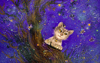 Night Cat, kitten, painting, branches, stars, sky, tree HD wallpaper