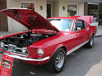 Mustang 2+2 Fastback, ford, muscle cars, street scene, 2 2, red, mustang, fastback HD wallpaper