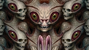 PRAYEN ALIEN, EYES, HEADS, LOOK, ALIEN, FANGS, RED HD wallpaper