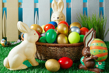 Easter Eggs and Bunnies, bunnies, bird, Easter, rabbits, grass, eggs, candy, basket, still life, chocolates, fence, Spring HD wallpaper