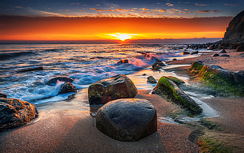 Beach Sunset, rocks, coast, sunset, beach, water HD wallpaper