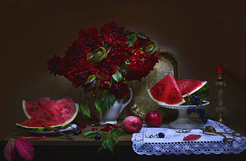 Still life, Flowers, Apples, Watermelon, Berries HD wallpaper