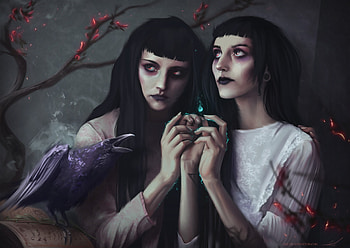 Midnight, black, spell, art, girl, dark, witch, raven, crow, fantasy, couple, luminos, corey mcgill HD wallpaper