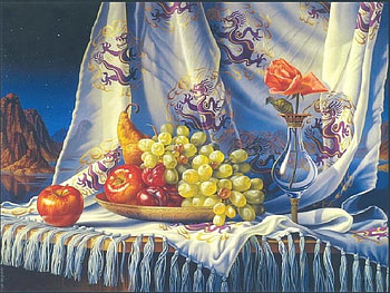 Fruit Delight, table, vase, fruits, nightfall, platter, mountain, rose, dragons, painting, shawl, water HD wallpaper
