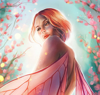 Spring fairy, wings, fairy, view from down, pink, meggie m, luminos, girl, spring HD wallpaper