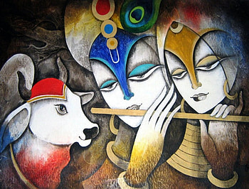 radha with krishna, paint, cow, radha, krishna HD wallpaper