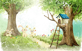 Tree house, blue, iepurasi, art, bunny, fantasy, green, draw, rabbit HD wallpaper