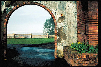 Courtyard View, painting, courtyard, brick, archway, view, wall, flowers HD wallpaper