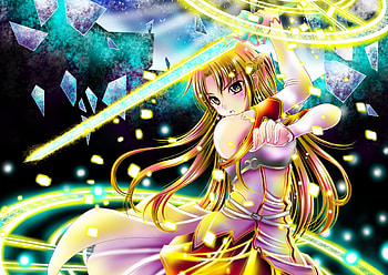 Yuuki Asuna, glow, cute, long hair, sword art online, female, sexy, asuna, sword, hot, girl, armor, blade, anime girl, sao, anime, light, weapon HD wallpaper