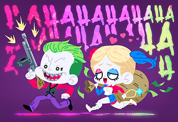 Joker And Harley Quinn Fat Heads, joker, harley-quinn, behance, supervillain, artist, artwork, digital-art, superheroes HD wallpaper