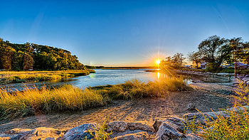 Sunset at Long Island, New York, sky, sun, landscape, trees, usa, stones HD wallpaper