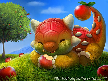 Fruit Bearing Dino, fantasy, red, green, fruit, piper thibodeau, dino, child, copil HD wallpaper