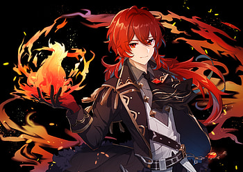 Diluc, Genshin Impact, game, pyro, Anime, miHoYo, genshin, fire, red har HD wallpaper