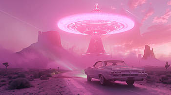 Pink Sci-Fi Aesthetic with Classic Car and UFO, aesthetic, pink, pink aesthetic, car, Sci Fi HD wallpaper