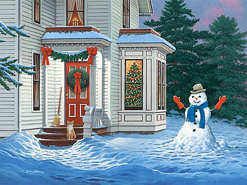 Warm Welcome, snowman, winter, decoration, painting, house, snow, christmas HD wallpaper