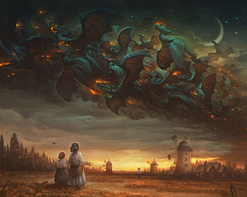 The plague, children, plague, fantasy, art, justin gerard, dragon, sky, dark, windmill HD wallpaper