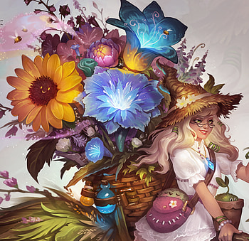 Flower delivery witch, blue, frumusete, art, girl, witch, jenny brozek, fantasy, flower, yellow, luminos HD wallpaper
