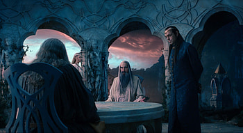 The Hobbit: An Unexpected Journey, blue, cate blanchett, Christopher Lee, blonde, gandalf, the hobbit, beauty, movie, actor, castle, elrond, white, man, Hugo Weaving, wizard, elf, people, galadriel, unexpected journey, king, saruman, Ian McKellen, princess, queen, rivendel HD wallpaper
