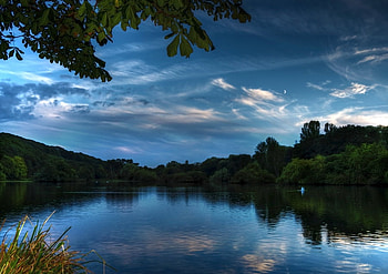 blue_dawn, blue, lakes, reflection, clouds, trees, colors, sky, nature HD wallpaper