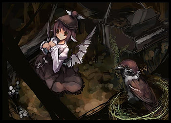 Mystia Lorelei, wings, bird, woods, zun, anime, piano, touhou, shrine maiden project, forest HD wallpaper