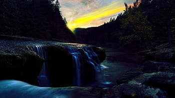 Landscape, Nature, Rivers, Sunset, Stones, Twilight, Waterfall, Forest, Break, Precipice, Dusk, Evening HD wallpaper