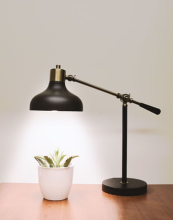 Minimalistic desk lamp illuminating a succulent on a wooden table, perfect for interior design inspiration. HD phone wallpaper