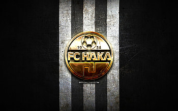 FC Haka, golden logo, Veikkausliiga, black metal background, football, finnish football club, FC Haka logo, soccer, Haka FC HD wallpaper