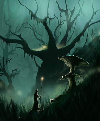 Art, Silhouette, Wood, Tree, Journey, Mushroom HD phone wallpaper