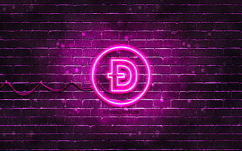 Dogecoin purple logo, , purple brickwall, Dogecoin logo, cryptocurrency, Dogecoin neon logo, Dogecoin HD wallpaper