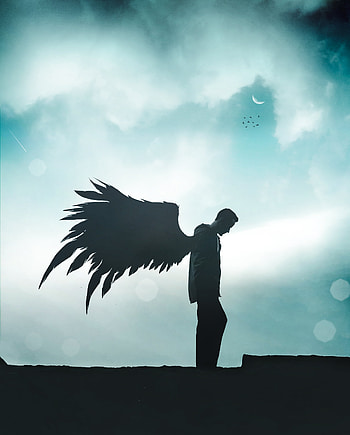 The sad Angel, atmosphere, sky, surreal, angel , space, cloud, moon, dark, weather, hop, day HD phone wallpaper