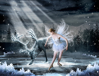 Winter fairy tale, blue, winter, white, girl, ballerina, fairy, fantasy, deer, luminos, alena 48 HD wallpaper
