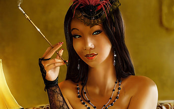 Modern geisha, lady, brunette, geisha, woman, cigarette, beauty HD wallpaper