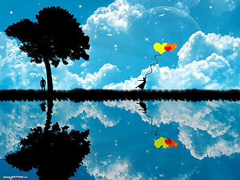 A Girl Playing To Hearts !!!, blue, 3d-art, man, girl, tree, play, lake, star, abstract, yellow, red, sky, heart, cloud HD wallpaper