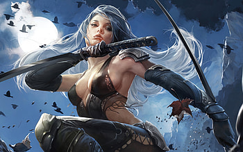 Fantasy girl, blue, moon, sword, fantasy, luna, girl, karana, warrior HD wallpaper