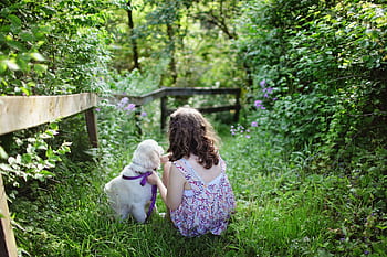 A young girl with her puppy in a vibrant green garden, enjoying a sunny summer day. HD wallpaper