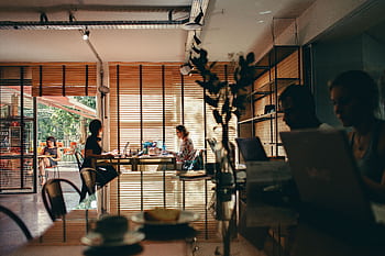 Interior of a bustling café with people working on laptops, creating a modern, collaborative atmosphere. HD wallpaper