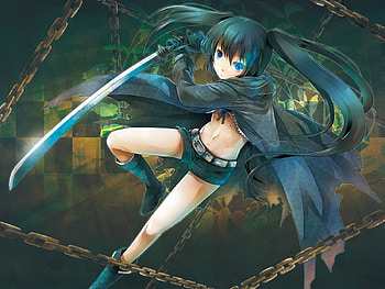 Black Rock Shooter, blue, black, awesome, brs, beauty, nice, swordsman, thighhighs, movie, coat, sword, blue eyes, twintail, scars, blue hair, beautiful, anime, cool, stitches, katana, chains HD wallpaper