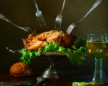 Still life, chicken, fork, glass, food HD wallpaper