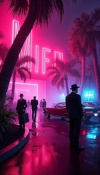 Mafia Nights: A Stylish , neon lights, palm tree, city night, vintage car HD phone wallpaper