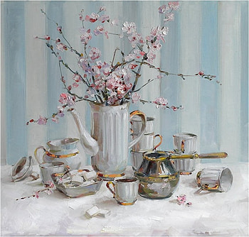 Cкрипченко Людмила. Весеннийй кофе, still life, tea, painting, art, flower, vase, cup HD wallpaper