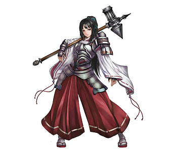 Warrior, cute, long hair, mad, sinister, , female, plain, sexy, white, hot, girl, black hair, armor, anime girl, simple, anime, weapon, angry, hammer HD wallpaper