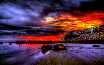 Beaches: Beautiful Sky Colorful Light Ocean Peaceful Building Stormy Waves Amazing Sea Sunset Storm Colors Splendor Sand Nature Houses Reflection Beauty ... HD wallpaper