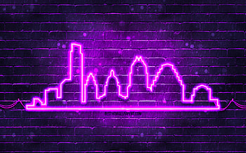 Austin violet neon silhouette, , violet neon lights, violet skyline silhouette, violet brickwall, american cities, neon skyline silhouettes, USA, Austin silhouette, Austin HD wallpaper