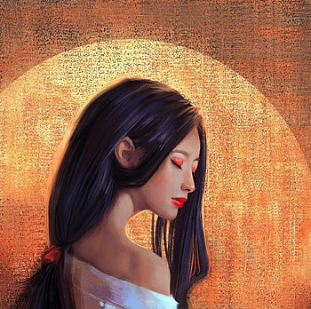 Sunset, profile, mandy jurgens, frumusete, asian, art, gorgeous, girl, orange, superb, fantasy, portrait, face, rgeous, luminos HD wallpaper