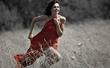 Happy Day, fields, girl, beautiful, red HD wallpaper